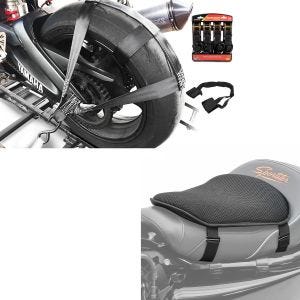 Set: Hinterrad und Lenker Zurrgurt mit 4x Ratschen-Spanngurten Set + Gel Sitzkissen M Universal Komfortkissen schwarz_1