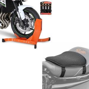 Set: Easy Plus - Motorradwippe inklusive 4-fach Spanngurt-Set orange + Gel Sitzkissen M Universal Komfortkissen schwarz_1