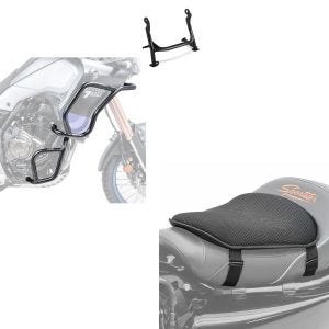 Set: Pare carter + Béquille Central compatible avec Yamaha Tenere 700 19-24 haut bas + Gel coussin de selle Tourtecs M Universal Coussin confort noir