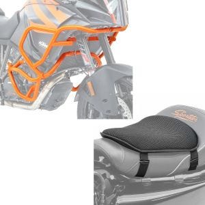 Set: Sturzbügel Set für KTM 1290 Super Adventure R / S / T 17-20 orange + Gel Sitzkissen M Universal Komfortkissen schwarz_1
