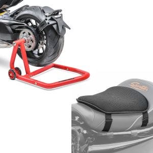 Set: Béquille d'atelier monobras compatible avec Ducati Hypermotard 950/SP 19-21 rouge + Gel coussin de selle Tourtecs M Universal Coussin confort noir
