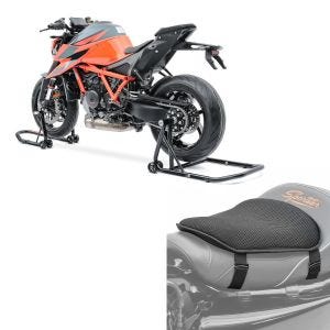 Set: Béquille d'Atelier monobras set compatible avec KTM 1290 Super Duke / R 14-21 + Gel coussin de selle Tourtecs M Universal Coussin confort noir
