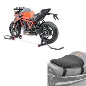 Set: Béquille d'Atelier monobras compatible avec KTM 1290 Super Duke / R 14-21 avant + Gel coussin de selle Tourtecs M Universal Coussin confort noir