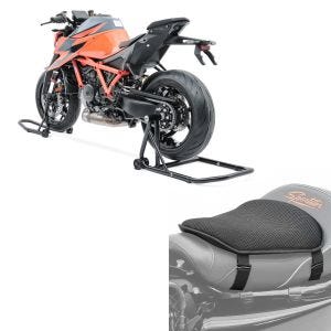 Set: Béquille d'Atelier monobras set compatible avec BMW R NineT 14-21 Arrière Avant Constands + Gel coussin de selle Tourtecs M Universal Coussin confort noir
