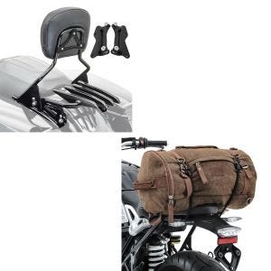 Set: Sissybar mit Gepäckträger XB und Montagekit für Harley Touring 14-21 + Hecktasche Vintage 35L Canvas Rucksack Gepäckrolle braun_1