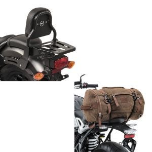Set: Sissy Bar XS3 für Honda Rebel 500 17-21 mit Gepäckträger schwarz + Hecktasche Vintage 35L Canvas Rucksack Gepäckrolle braun_1