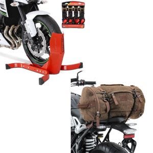 Set: Easy Plus rot - Motorradwippe inklusive 4-fach Spanngurt-Set + Hecktasche Vintage 35L Canvas Rucksack Gepäckrolle braun_1