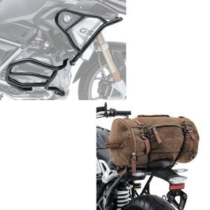 Set: Sturzbügel Set für BMW R 1250 GS 19-21 oben und unten XL8 Schutzbügel + Hecktasche Vintage 35L Canvas Rucksack Gepäckrolle braun_1