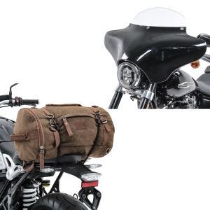 Set: Batwing Verkleidung mit Windschild M für Chopper und Bobber BW8 -klar + Hecktasche Vintage 35L Canvas Rucksack Gepäckrolle braun_1