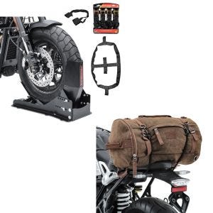 Set: Set SW15 Cale de roue moto Easy Vario Fix et Sangles arrimage Set noir + Sacoche de selle Moto arrière Vintage 25L Canvas Sac à dos Rouleau 
