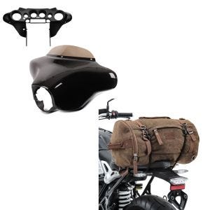 Set: Batwing Verkleidung Komplettset für Harley Touring 1996-2013 + Hecktasche Vintage 35L Canvas Rucksack Gepäckrolle braun_1