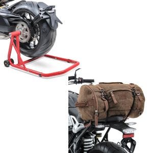 Set: Einarmständer KTM 1290 Super Duke / R 14-21 Montageständer Single + Hecktasche Vintage 35L Canvas Rucksack Gepäckrolle braun_1