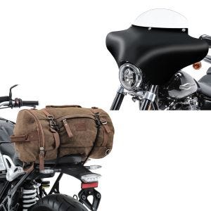 Set: Batwing Verkleidung mit Windschild M für Chopper und Bobber MW8 + Hecktasche Vintage 35L Canvas Rucksack Gepäckrolle braun_1