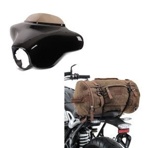 Set: Batwing Verkleidung mit Windschutzscheibe für Harley Touring 96-13 + Hecktasche Vintage 35L Canvas Rucksack Gepäckrolle braun_1