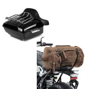 Set: Topcase King OLR Universal für Chopper Cruiser Custombikes + Hecktasche Vintage 35L Canvas Rucksack Gepäckrolle braun_1