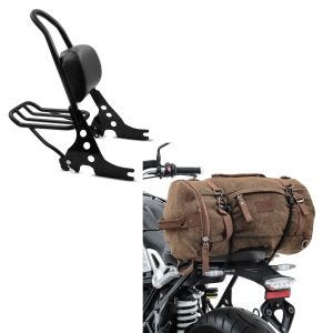 Set: Sissybar compatible avec Harley Davidson Sportster Forty-Eight 48 10-20 Craftride Fast Rider-M incl. Porte-Bagages noir + Sacoche de selle Moto arrière Vintage 25L Canvas Sac à dos Rouleau marron Craftride