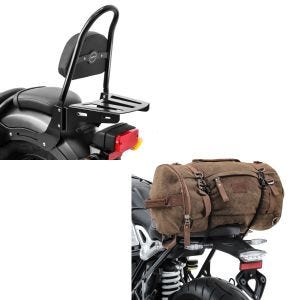 Set: Sissybar für Honda Rebel 500 17-21 Fast Rider-M inkl. Gepäckträger + Hecktasche Vintage 35L Canvas Rucksack Gepäckrolle braun_1