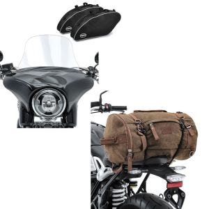 Set: Set Windschutz L + Koffer Innentasche für Harley Sport Glide 18-21 + Hecktasche Vintage 35L Canvas Rucksack Gepäckrolle braun_1