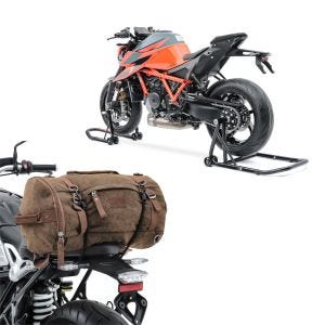 Set: Einarm Montageständer Set für KTM 1290 Super Duke/ R 14-21 + Hecktasche Vintage 35L Canvas Rucksack Gepäckrolle braun_1