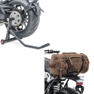Set: Einarmständer KTM 1290 Super Duke / R 14-21 Montageständer Single + Hecktasche Vintage 35L Canvas Rucksack Gepäckrolle braun_1