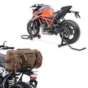 Set: Einarm Montageständer für KTM 1290 Super Duke/ R 14-21 hinten vorne + Hecktasche Vintage 35L Canvas Rucksack Gepäckrolle braun_1