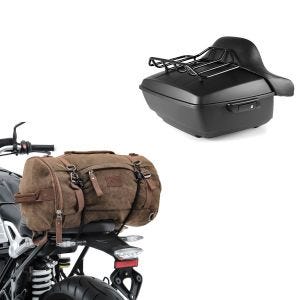 Set: Top Case King NHM compatible avec Harley Davidson Softail / Sport Glide noir Craftride + Sacoche de selle Moto arrière Vintage 25L Canvas Sac à dos Rouleau marron Craftride