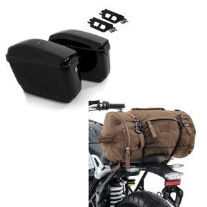 Set: Seitenkoffer für Kawasaki Vulcan 15-20 m. Halter Satteltasche Nevada + Hecktasche Vintage 35L Canvas Rucksack Gepäckrolle braun_1