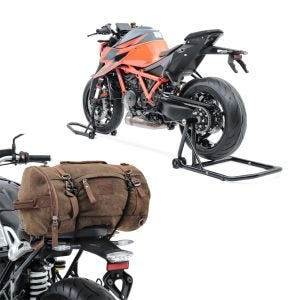 Set: Einarm Montageständer Set für BMW R NineT 14-20 hinten vorne CLS + Hecktasche Vintage 35L Canvas Rucksack Gepäckrolle braun_1