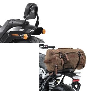 Set: Sissy Bar CSS Fix für Harley Fat Bob / 114 18-21 schwarz + Hecktasche Vintage 35L Canvas Rucksack Gepäckrolle braun_1