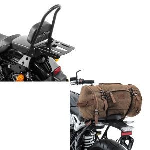 Set: Sissybar Harley Sportster 04-20 Fast Rider-L inkl. Gepäckträger + Hecktasche Vintage 35L Canvas Rucksack Gepäckrolle braun_1