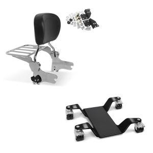 Set: Sissy Bar + Gepäckträger + Docking-Kit passend für Harley Davidson Road King 97-08 chrom Craftride + Rangierhilfe für Hauptständer ConStands Easy Mover III bis 400kg in schwarz