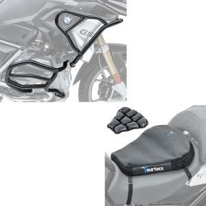 Set: Pare carter Set compatible avec BMW R 1250 GS 19-23 XL8 haut et bas crashbar + Moto Coussin d'air Tourtecs Air Deluxe M Coussin de Selle confort