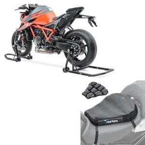 Set: Béquille d'Atelier monobras set compatible avec KTM 1290 Super Duke / R 14-21 + Moto Coussin d'air Tourtecs Air Deluxe M Coussin de Selle confort