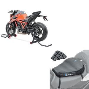Set: Béquille d'Atelier monobras compatible avec KTM 1290 Super Duke / R 14-21 avant + Moto Coussin d'air Tourtecs Air Deluxe M Coussin de Selle confort
