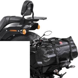 Set: Sissy Bar CSS Fix passend für Harley Davidson Fat Bob / 114 18-24 mit Gepäckträger schwarz Craftride + Motorrad Hecktasche Drybag Bagtecs XB50 Wasserdicht Volumen 50l