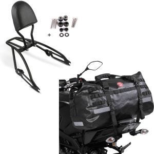 Set: Sissybar compatible avec Harley Davidson Street 750 15-20 Craftride Fast Driver-S incl. Porte-Bagages noir + Sacoche de selle Moto arrière Bagtecs XB50 Dry Bag Etanche Volume 50l