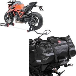 Set: Béquille d'Atelier monobras compatible avec KTM 1290 Super Duke / R 14-23 avant + Sacoche de selle Moto arrière XB50 Dry Bag Etanche Volume 50l