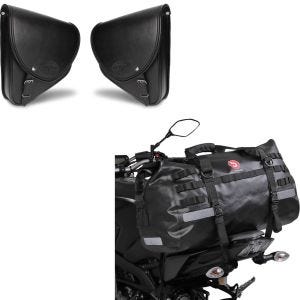 Set: Sacoches Cavalière pour Motos Custom Indiana noir + Sacoche de selle Moto arrière XB50 Dry Bag Etanche Volume 50l