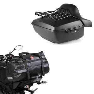 Set: Top Case King NHM compatible avec Harley Davidson Softail / Sport Glide noir Craftride + Sacoche de selle Moto arrière Bagtecs XB50 Dry Bag Etanche Volume 50l