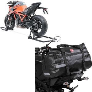 Set: Béquille d'Atelier monobras set compatible avec BMW R NineT 14-23 Arrière Avant Constands + Sacoche de selle Moto arrière XB50 Dry Bag Etanche Volume 50l