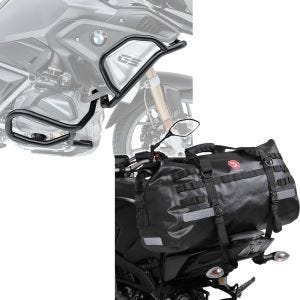 Set: Pare carter Set compatible avec BMW R 1250 GS 19-23 L2 haut et bas crashbar + Sacoche de selle Moto arrière XB50 Dry Bag Etanche Volume 50l