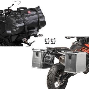 Set: Valises laterales alu Gobi 34l et 45l avec kit de montage pour supports + Sacoche de selle Moto arrière XB50 Dry Bag Etanche Volume 50l