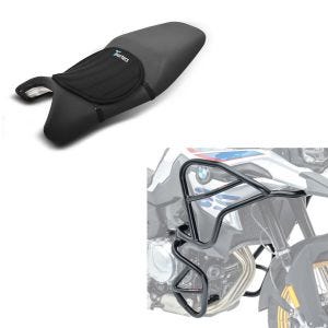 Set: Pare carter XL Set compatible avec BMW F 850 GS/F 750 GS 18-23 haut et bas + Moto Gel Coussin de selle Tourtecs Néoprène M en noir