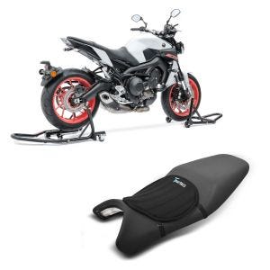 Set: Béquille d'Atelier Moto Arrière et Avant Set MV2 Range Moto Noir + Moto Gel Coussin de selle Tourtecs Néoprène M en noir