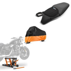 Set: Hebebühne Mid-Lift L + Abdeckplane XXL Motorradheber für Chopper + Gel Sitzkissen Neopren M Gelkissen Sitzauflage in schwarz_1