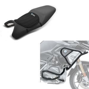 Set: Pare carter Set compatible avec BMW R 1250 GS 19-23 XL6 haut et bas crashbar + Moto Gel Coussin de selle Tourtecs Néoprène M en noir