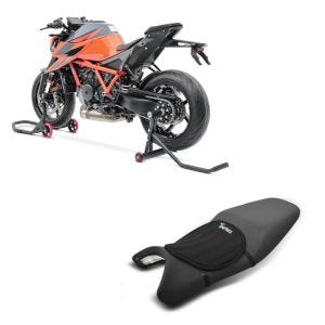 Set: Béquille d'Atelier monobras compatible avec KTM 1290 Super Duke / R 14-21 avant + Moto Gel Coussin de selle Tourtecs Néoprène M en noir