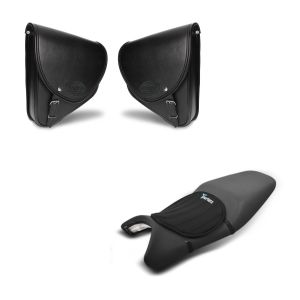 Set: Satteltaschen Paar für Custom Bikes Indiana schwarz + Gel Sitzkissen Neopren M Gelkissen Sitzauflage in schwarz_1