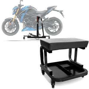 Set: Lève moto centrale compatible avec Suzuki GSX-S 750 17-21 Power-Evo + Tabouret d'atelier à roulettes WS3 siège d'atelier noir