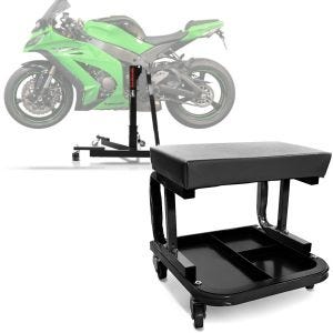 Set: Zentralständer passend für Kawasaki ZX-10R 16-24 Motorradheber Power-Evo + Werkstatthocker mit Rollen WS3 Werkstattstuhl schwarz